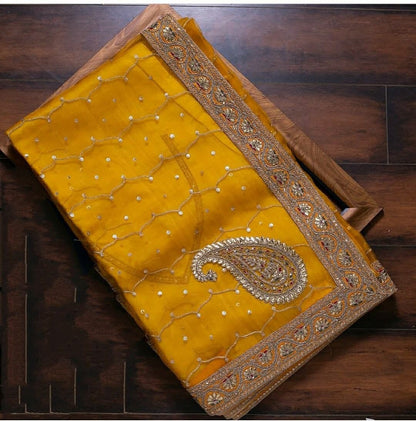 Party Wear Yellow Color Organza Embroidered Work Saree Blouse