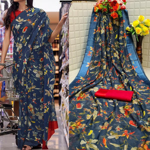 Opulent Blue Color Festival Wear Fancy Printed Cotton Satin Patta Designer Saree Blouse for women