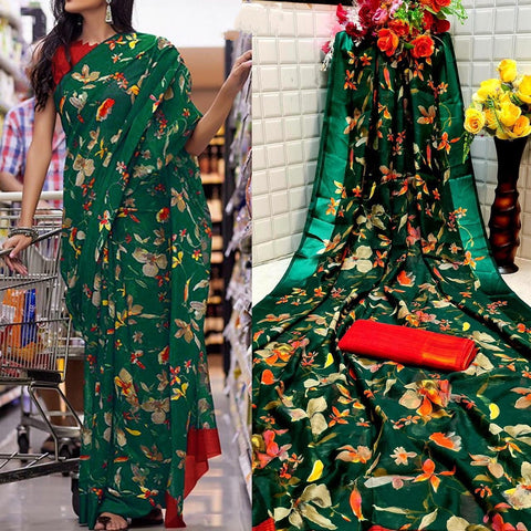 Shattering Dark Green Color Festive Wear Satin Cotton Rich Printed Patta Designer Saree Blouse For Online