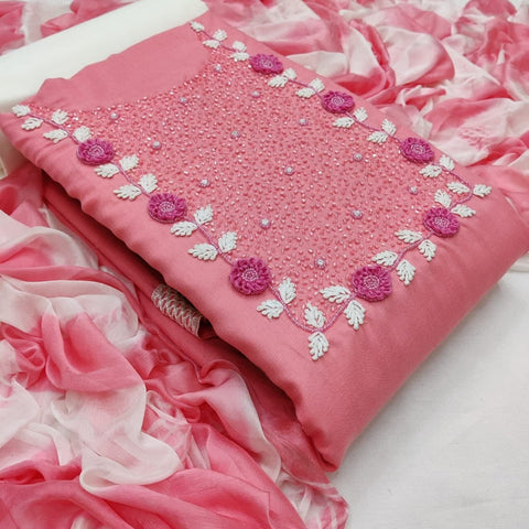Admiring Pink Color Casual Wear Hand Work Cotton Salwar Suit