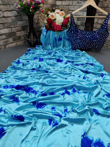 Gorgeous Sky Blue Color Festival Wear Nylon Silk Printed Fancy Designer Saree Full Stitched Blouse