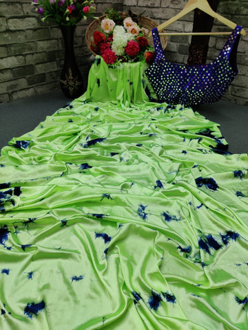 Charming Light Green Color Party Wear Printed Designer Nylon Silk Designer Saree Full Stitched Blouse Design
