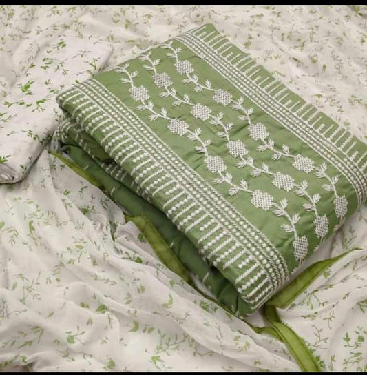 Opulent Mehendi Green Color Designer Glaze Cotton Embroidered Work Salwar Suit For Festive Wear