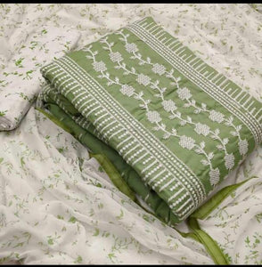 Opulent Mehendi Green Color Designer Glaze Cotton Embroidered Work Salwar Suit For Festive Wear