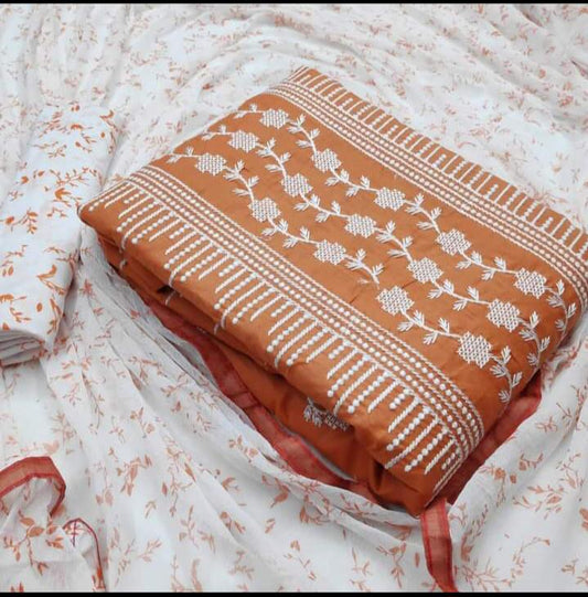 Good looking Orange Color Party Wear Embroidered Work Glaze Cotton Fancy Dress Material