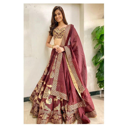 Gorgeous Maroon Color Tapeta Silk Printed Lehenga Choli For Festive Wear