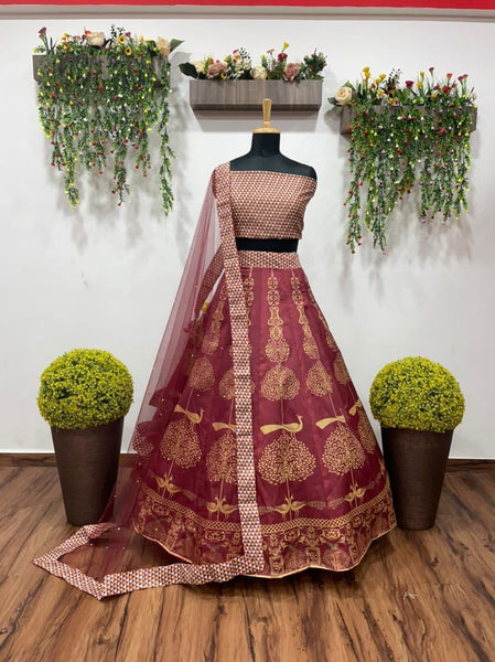 Gorgeous Maroon Color Tapeta Silk Printed Lehenga Choli For Festive Wear