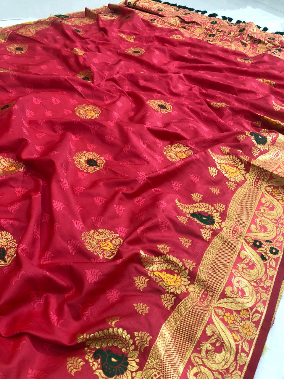 Stupendous Rani Pink Color Festive Wear Resham Zari Weaving Jacquard Silk Designer Saree Blouse for women