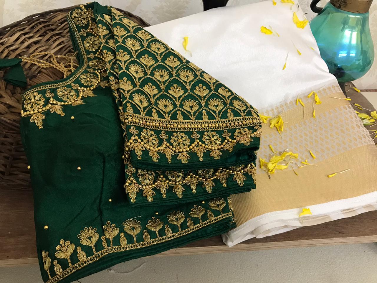 Majesty Dark Green Color Designer Weaving Chit Pallu Nylon Raw Silk Designer Saree Ready Made Blouse For Party Wear