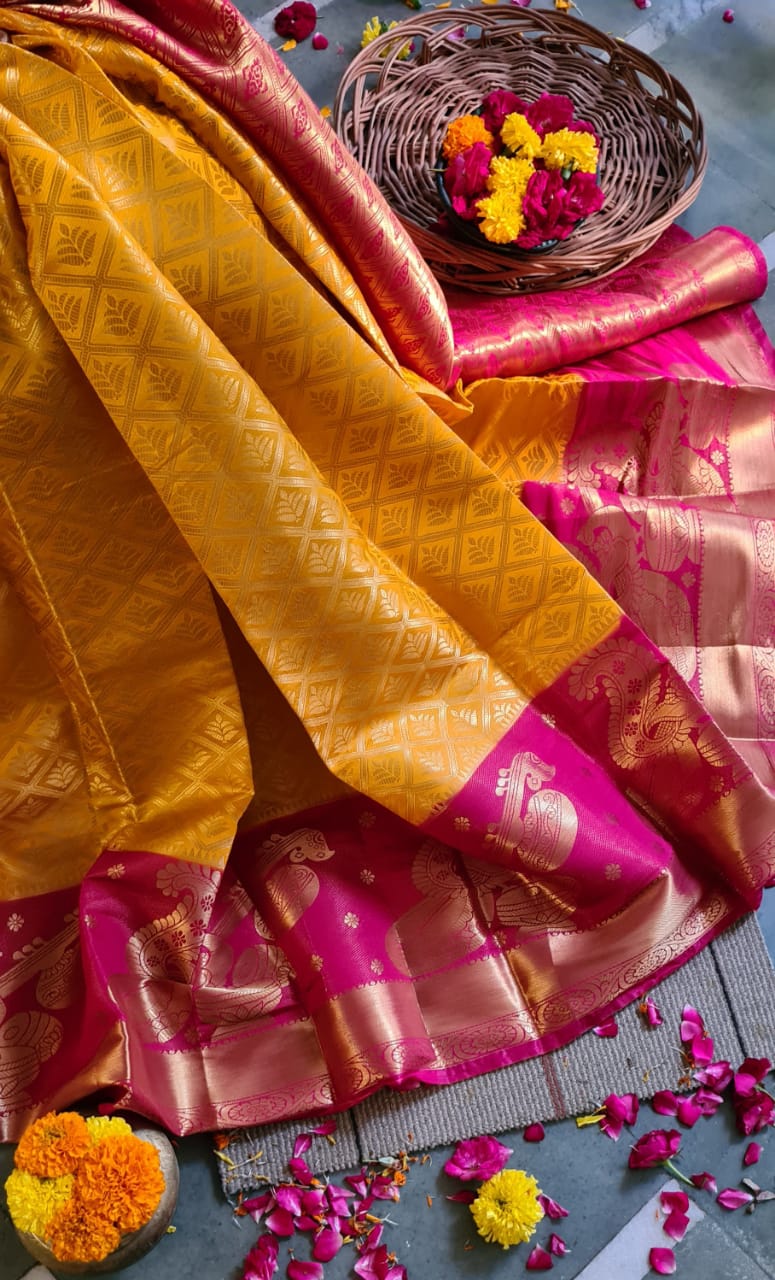 Beautiful Mustard Color Festival Wear Rich Pallu Nylon Silk Dying Material Designer Saree Blouse for women