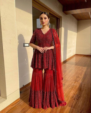 Fantastic Red Color Full Stitched Net Embroidered Work Sharara Suit