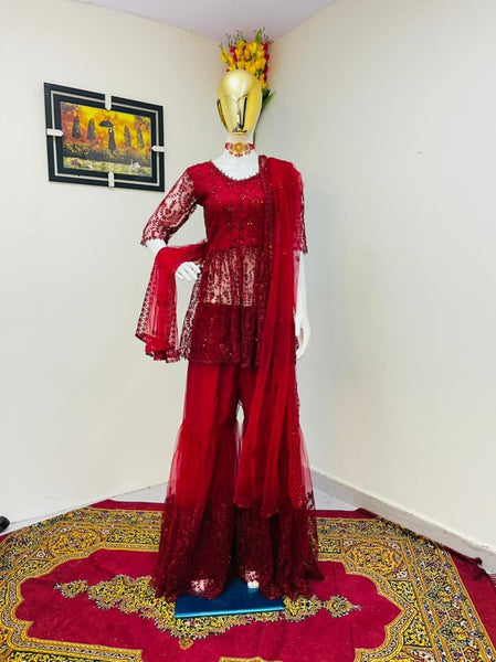 Fantastic Red Color Full Stitched Net Embroidered Work Sharara Suit