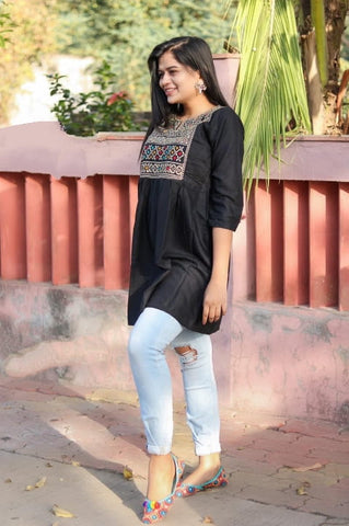 Classic Black Color Ready Made Embroidered Work Rayon Top