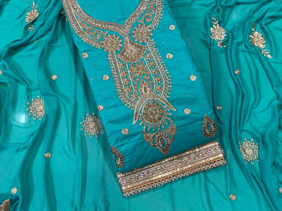 Firozi Color Cotton Diamond Embroidered Work Designer Salwar Kameez For Function Wear