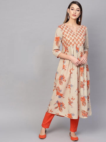 Beige/ Orange Gathered Full Stitched Kurti AVADH1060101A