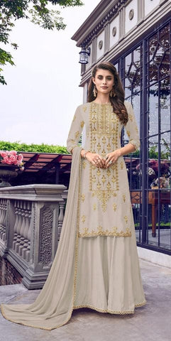 Bisque Color Heavy Faux Georgette Chappat Badla Thread Embroidered Cording Stich Work Plazo Salwar Suit For Party Wear