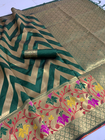 Delightful Rama Green Color Fancy Banarasi Silk All Over Jacquard Work Rich Pallu Saree Blouse For Wedding Wear