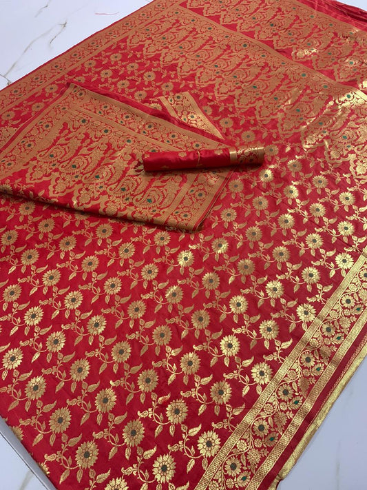 Carmine Color Pure Soft Banarasi Silk Handloom Mina Zari Weaving Brocade Pallu Saree Blouse For Festive Wear