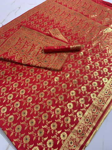 Carmine Color Pure Soft Banarasi Silk Handloom Mina Zari Weaving Brocade Pallu Saree Blouse For Festive Wear