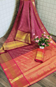 Ultra Pink Color Kanjipuram Silk Handloom Zari Weaving Border Contrast Pallu Saree Blouse For Festive Wear
