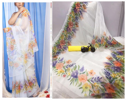 White Color Festive Wear Digital Printed Organza Saree Blouse For Women