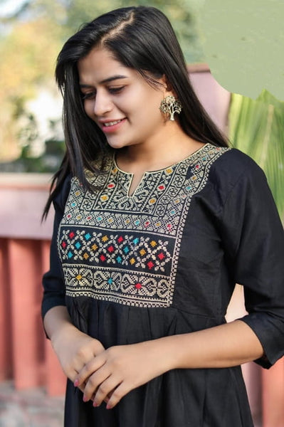 Classic Black Color Ready Made Embroidered Work Rayon Top