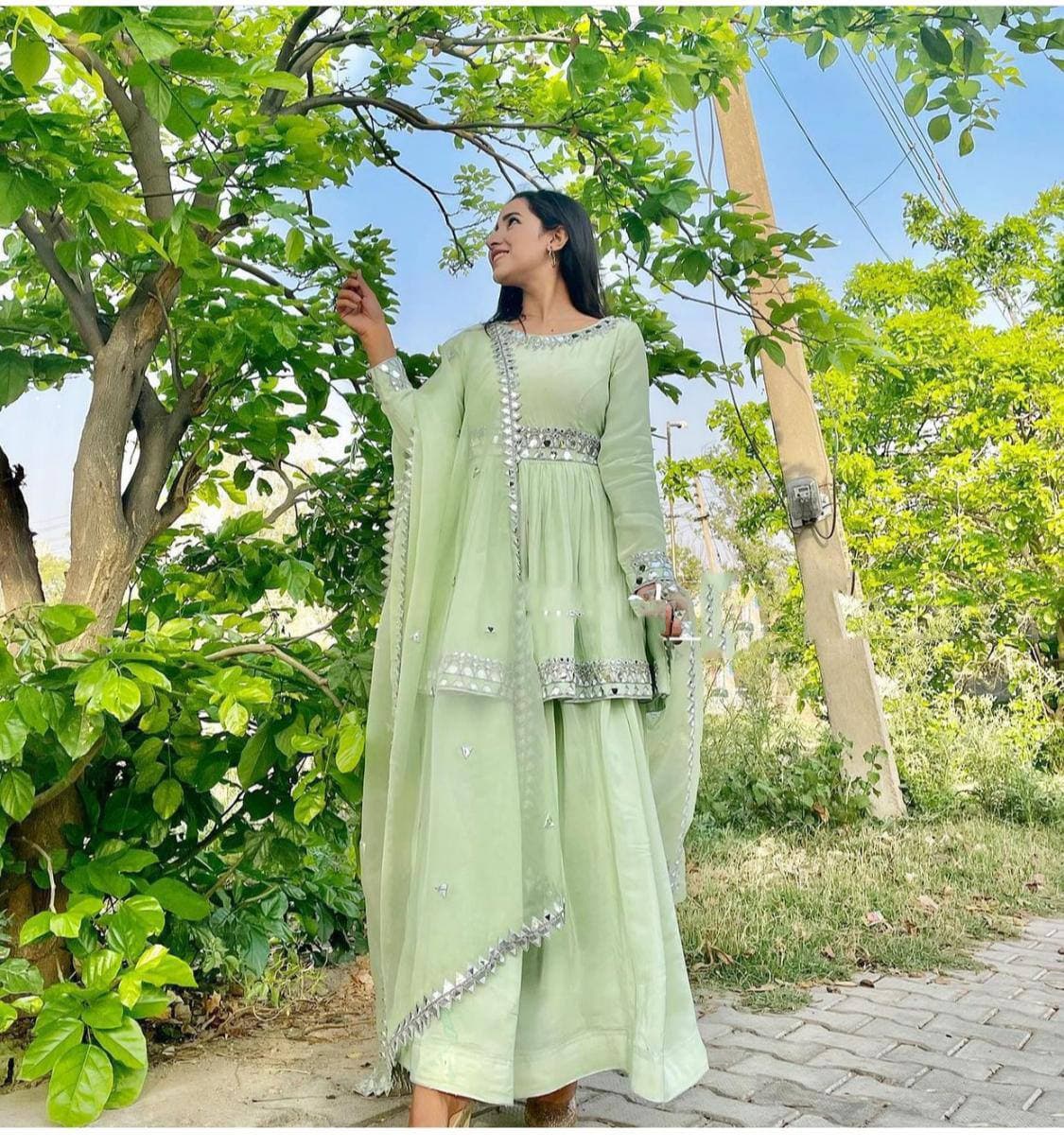 Attractive Light Green Color Mirror Work Georgette Plazo Salwar Suit Ville Fashions