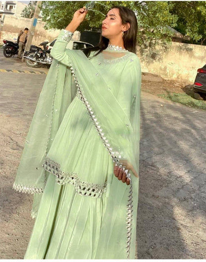 Attractive Light Green Color Mirror Work Georgette Plazo Salwar Suit