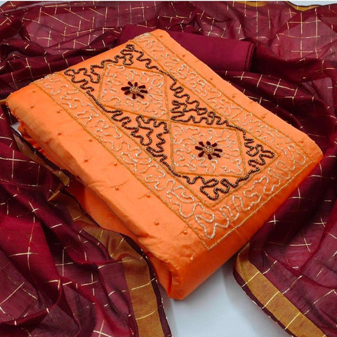 Stupefying Orange Color Chanderi Fancy Khatli Work Function Wear Salwar Suit for women