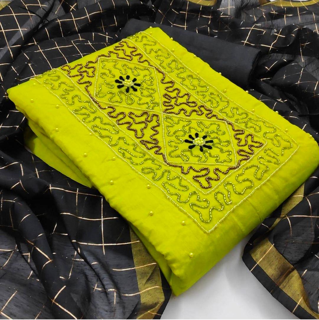 Striking Light Green Color Designer Chanderi Beautiful Khatli Work Wedding Wear Salwar Suit