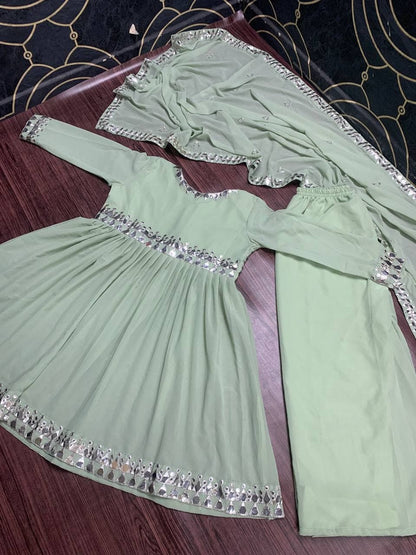 Attractive Light Green Color Mirror Work Georgette Plazo Salwar Suit