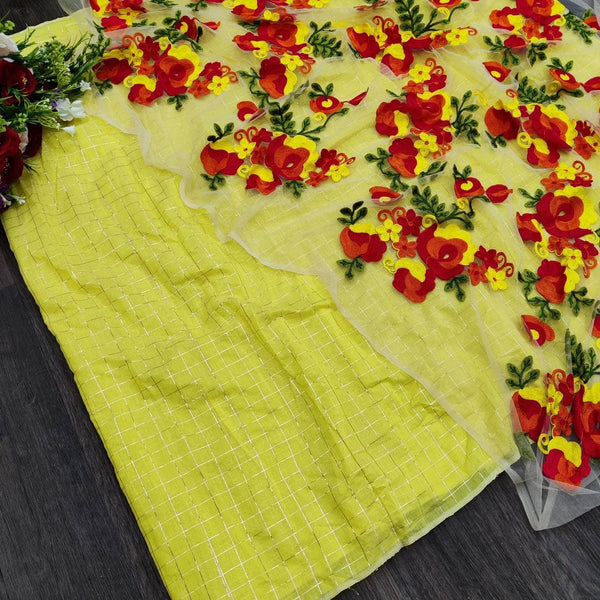 Sizzling Yellow Color Chanderi Checks Printed Designer Work Saree Blouse