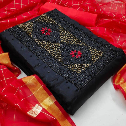 Spectacular Black Color Party Wear Khatli Work Designer Chanderi Dress Material for women