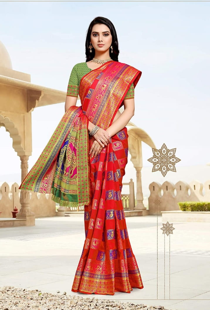 Unbelievable Red Color Designer Banarasi Silk Zari Contrast Pallu Elephant Peacock Design Designer Saree Blouse For Wedding Wear
