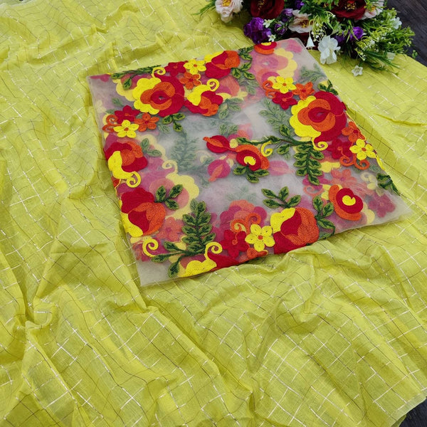 Sizzling Yellow Color Chanderi Checks Printed Designer Work Saree Blouse