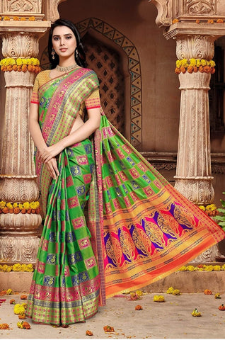 Knockout Green Color Function Wear Contrast Pallu Elephant Peacock Design Zari Work Designer Saree Blouse