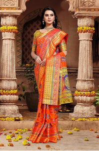 Refreshing Orange Color Beautiful Zari Contrast Peacock Elephant Design Rich Pallu Silk Banarasi Designer Saree Blouse For Occasion Wear