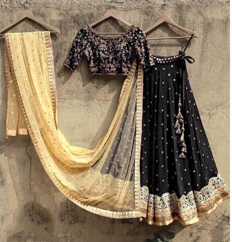 Stunning Black Color Designer Banglori Silk Embroidered Work Lehenga Choli For Wedding Wear