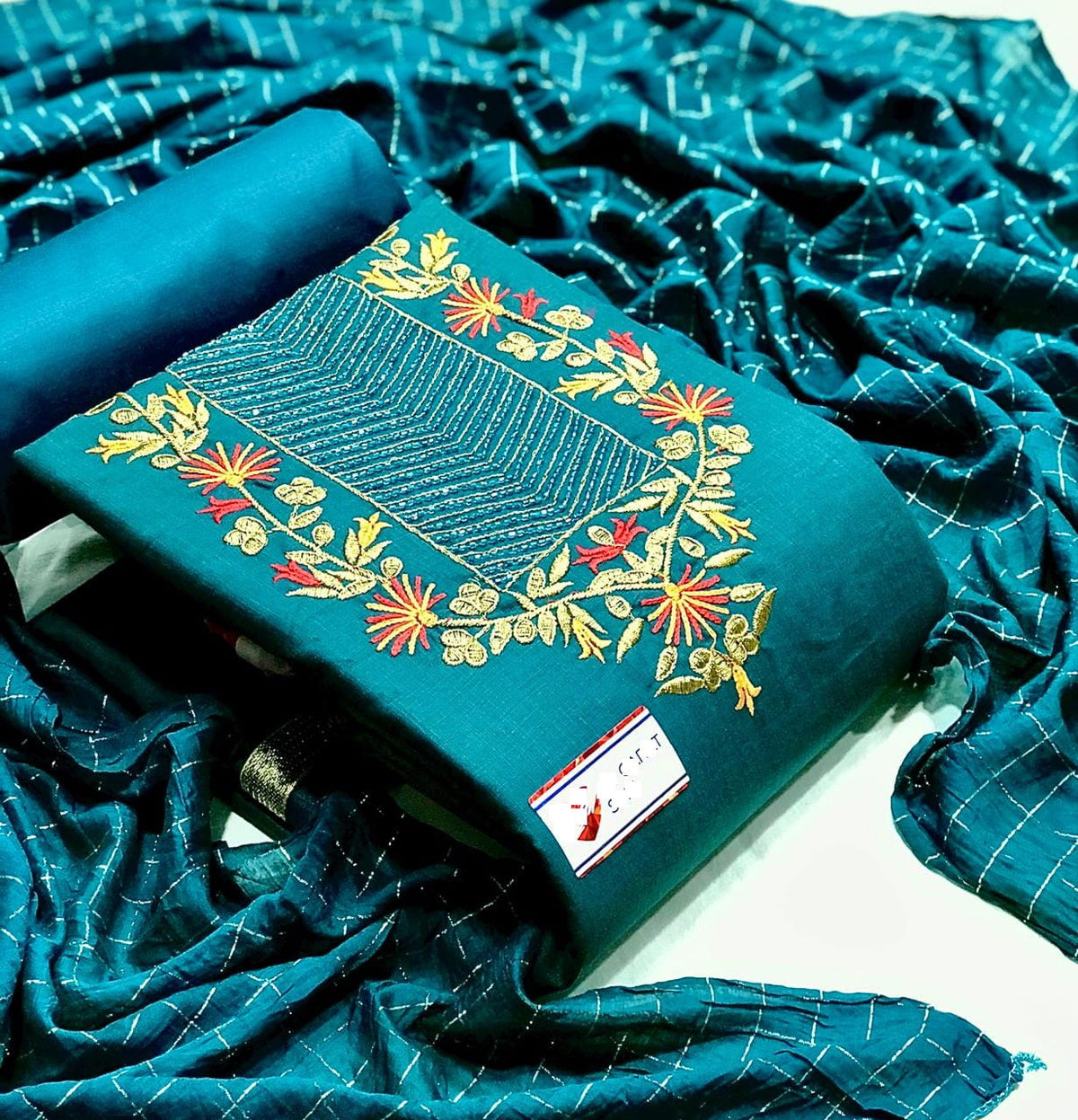 Designer Slub Cotton Embroidered Unstitched Salwar Suit