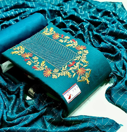 Designer Slub Cotton Embroidered Unstitched Salwar Suit