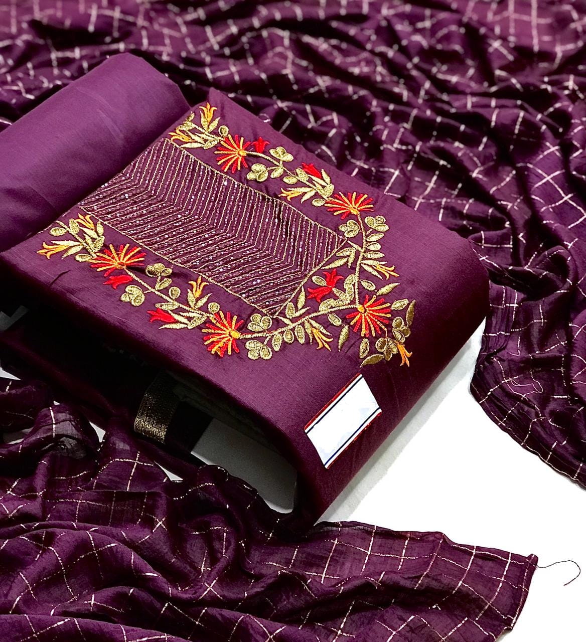 Designer Slub Cotton Embroidered Unstitched Salwar Suit