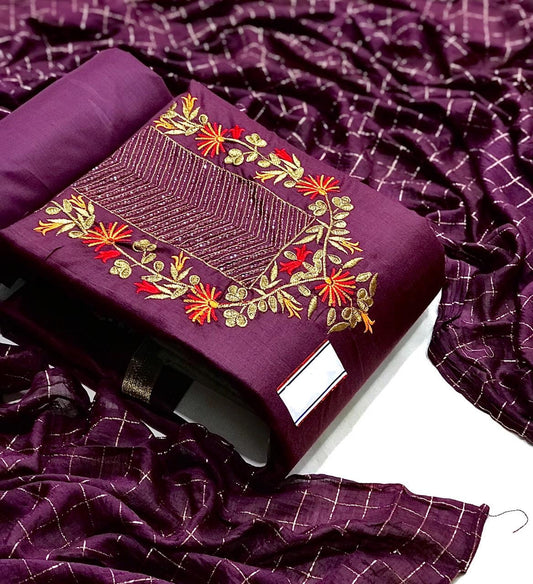 Designer Slub Cotton Embroidered Unstitched Salwar Suit