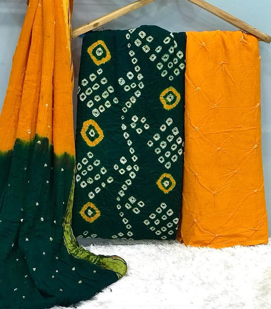 Party Wear Cotton Hand Dyeing Bandhej Print Dress Material