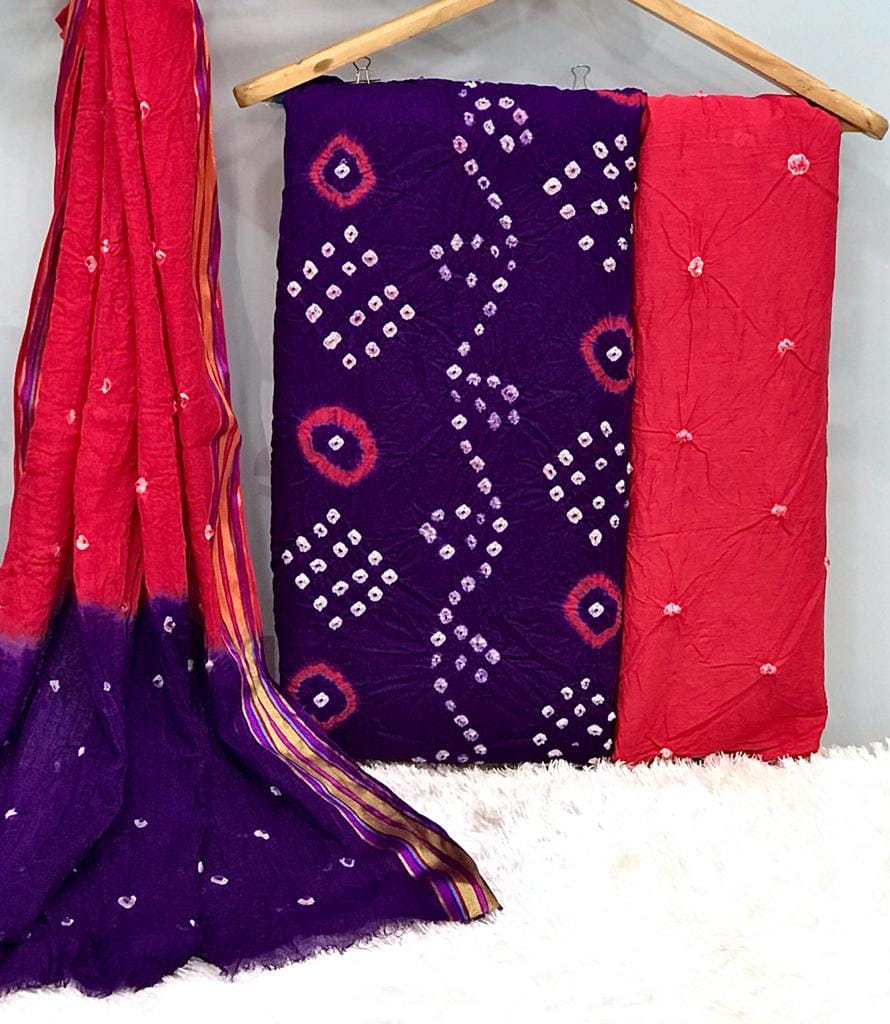 Party Wear Cotton Hand Dyeing Bandhej Print Dress Material