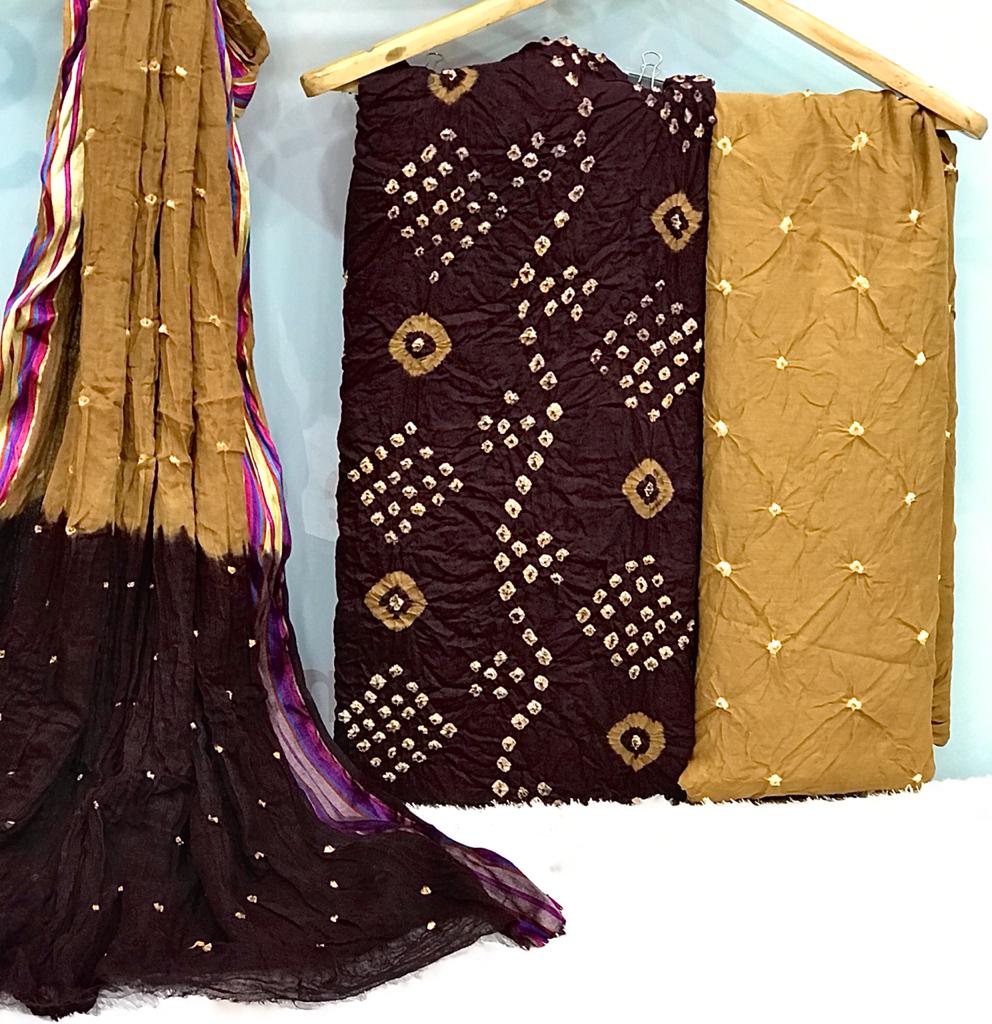 Party Wear Cotton Hand Dyeing Bandhej Print Dress Material