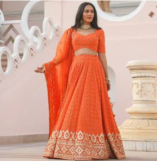 Alluring Orange Color Wedding Wear Georgette Chine Stitched Work Lehenga Choli