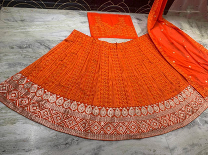 Alluring Orange Color Wedding Wear Georgette Chine Stitched Work Lehenga Choli