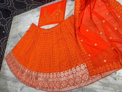 Alluring Orange Color Wedding Wear Georgette Chine Stitched Work Lehenga Choli
