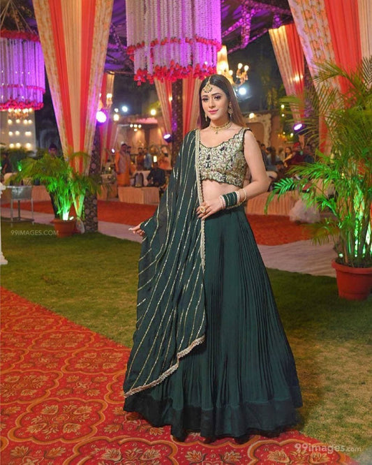 Good-looking Green Color Georgette Designer Chine Sequence Work Creez Lehenga Choli