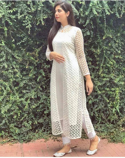 Exceptional White Color Designer Chine Stitched Work Georgette Indo Western Suit